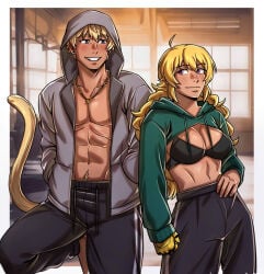 1boy 1girls blonde_female blonde_hair blue_eyes boletinnie_(artist) faunus hood hood_up hoodie monkey_tail purple_eyes rwby shirtless sports_bra sun_wukong_(rwby) yang_xiao_long