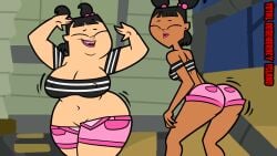 2d 2girls ass athletic athletic_female bare_midriff black_hair breasts bubble_ass bubble_butt busty chubby chubby_female cleavage dancer dark-skinned_female dark_skin erect_nipples female hourglass_figure katie_(tdi) light-skinned_female light_skin navel nipple_bulge nipples outdoors outside sadie_(tdi) short_shorts skimpy skimpy_clothes total_drama_island twerking twintails wide_hips yenvudu