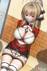 1girls aiguillette amagi_brilliant_park arms_behind_back bdsm big_breasts bondage bound bound_arms bound_legs bow bowtie bra brick_wall brown_eyes brown_hair dress_shirt exposed female female_focus female_only frilled_skirt gag gagged glass hair_ornament hair_ribbon highres looking_at_viewer open_clothes open_shirt panties pantsu photoshop plusout ponytail red_shirt reflection ribbon ribbons rope rope_bondage sento_isuzu shadow shibari sitting skirt skirt_lift solo solo_female solo_focus sweat sweatdrop tape tape_gag taped_mouth thighhighs underwear uniform watermark