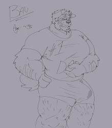 2022 absurd_res age_transformation aged_up akita anthro arm_hair bara bau_(melaisen) big_bulge bodily_fluids body_hair briefs bulge button_ears canid canine canis character_name clenched_teeth clothed clothed_anthro clothed_male clothing digital_drawing_(artwork) digital_media_(artwork) domestic_dog floppy_ears genital_fluids grey_background greyscale hair hand_on_hip hi_res leg_hair male male_anthro mammal melaisen monochrome portrait precum precum_through_clothing precum_through_underwear shirt simple_background solo spitz standing teeth tenting text text_on_clothing text_on_shirt text_on_topwear three-quarter_portrait topwear underwear wet wet_clothing yaoi