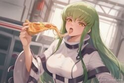 ai_generated blurry blurry_background bodysuit breasts c.c. code_geass eating female food green_hair hikari406 holding holding_food holding_pizza indoors large_breasts long_hair long_sleeves looking_at_viewer open_mouth pizza pizza_slice solo straitjacket tongue tongue_out uncensored upper_body white_bodysuit wide_sleeves yellow_eyes