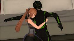 bare_shoulders black_shorts blushing_female bodysuit boyfriend-girlfriend brown_hair brown_hair_female closed_eyes closed_eyes_smile crossover fanfic_art fanfiction femdom garry's_mod girls'_frontline grand_theft_auto grand_theft_auto_online gta_online_male_character happy_female hugging hugging_another hugging_partner jumpsuit long_hair long_hair_female malesub masked_male nekomikoye obsessed_male obsession shorts springfield_(girls'_frontline) unbothered wholesome