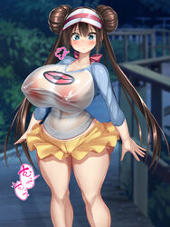 1girls alternate_breast_size big_breasts blue_eyes breasts brown_hair cameltoe cap cleft_of_venus double_bun fat_mons huge_breasts innie_pussy kawahagitei large_breasts nintendo nipples nipples_visible_through_clothing plump_labia pokemon pokemon_bw2 puffy_pussy rosa_(pokemon) solo standing thick_thighs thighs tight_clothing translation_request twintails wet_clothes wet_shirt