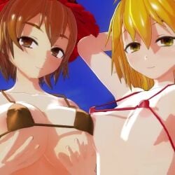 2girls 3d animated armpits arms_behind_back arms_behind_head beach big_breasts bikini blonde_hair breasts brown_eyes brown_hair busty cleavage close-up covered_nipples female female_only gold_bikini hi_res highres large_breasts medium_hair minoriko_aki mofumoko5 multiple_girls navel nipple_slip nipples pose posing red_bikini seductive_smile self_fondle sensual sexy sexy_armpits sexy_pose shizuha_aki siblings sideboob sisters smile solo swimsuit tagme thong touhou video voluptuous yellow_eyes
