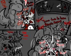 anthro ball_slap balls_in_face bed blush bodily_fluids canid canine canis cum cum_on_face duo folfie_winter furniture generation_5_pokemon generation_7_pokemon genital_fluids hybrid inom_(roder_vasquez) knot_in_mouth leg_grab louis_(roder_vasquez) lyan_(roder_vasquez) lycanroc male male/male mammal midnight_lycanroc nintendo nissal_(roder_vazquez) oral oral_penetration penetration pokemon pokemon_(species) poker_face public public_sex roder_vasquez saliva saliva_on_tongue sex skulldog_(species) slap slapping_own_face slurping spanish_text text window wolf zoroark zory_(roder_vasquez)