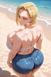 1girls ai_generated android android_18 ass back_view bangs big_breasts blonde_female blonde_hair blue_eyes bob_cut breasts breasts_bigger_than_head breasts_focus breath breath_cloud breathing caucasian caucasian_female chorizai cleavage dragon_ball dragon_ball_(series) dragon_ball_super dragon_ball_z female female_only hotwife large_breasts light-skinned_female light_skin massive_breasts shiny_skin short_hair smiling solo_focus sweat sweatdrop sweaty sweaty_body sweaty_breasts