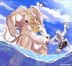 2025 anthro biceps biped colored dislyte duo felid hi_res javid_(dislyte) jin_qiu_(dislyte) lilith_games lion male mammal muscular muscular_anthro muscular_male muscular_thighs nipples nnknwnn_(artist) pantherine partially_submerged pecs signature solo_focus tail tail_tuft tiger triceps tuft water