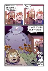 anthro ass backpack_strap backwards_baseball_cap backwards_hat baseball_cap blush bodily_fluids brown_body brown_hair butt_grab canid canine canis clothing comic cute_fangs dialogue domestic_cat domestic_dog domestic_pig door drooling duo english_text fangs felid feline felis fin fish fur gills green_body green_fur green_hair grey_body hair hand_on_butt hat headgear headwear hi_res isaac_(t0l0k) lion long_ears looking_aside male male/male mammal marine moan mohawk nipples non-mammal_nipples octavio_(t0l0k) orange_clothing orange_shirt orange_topwear overalls overweight pantherine pink_body pink_clothing pink_hat pink_headwear red_clothing red_hat red_headwear round_ears roy_(t0l0k) saliva scott_(t0l0k) sex shark shirt shocked speech_bubble suid suine sus_(pig) sweat t0l0k tail tank_top ted_(t0l0k) teeth teeth_showing text topwear walk-in whiskers yellow_body