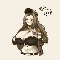 1girls areolae blush bra breasts breasts_out busty cleavage clothing detective_hat female female_only headwear huge_breasts korean_text limbus_company long_hair monochrome open_clothes project_moon rodion_(limbus_company) sepia simple_background solo sweatdrop tattoo tattoo_on_chest 응애맘마줘잉