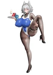 absurdres alternate_breast_size anal anal_beads anal_object_insertion belt black_shoes blue_nails blue_one-piece_swimsuit bodystocking breasts butt_plug covered_nipples cum cum_in_container cum_in_cup female grey_hair high_heels highleg highleg_one-piece_swimsuit highres holding holding_tray huge_breasts impossible_clothes impossible_swimsuit izayoi_sakuya jewel_butt_plug maid_headdress nail_polish object_insertion one-piece_swimsuit sex_toy shoes short_hair simple_background solo standing standing_on_one_leg swimsuit thigh_belt thigh_strap torn_bodystocking torn_clothes touhou tray user_ckkx8884 v variant_set white_background