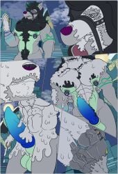 anthro black_body black_fur black_nipples blue_penis city clock clothing duo ear_piercing ear_ring forced forced_transformation fur genitals glowing glowing_genitalia glowing_penis goo_transformation grey_body grey_fur hi_res hypnotic_eyes indigodigitalos latex latex_clothing latex_skinsuit latex_transformation male male/male mihoyo muscular muscular_anthro muscular_male nipple_piercing nipple_ring nipples penis piercing purple_body purple_fur ring_piercing skinsuit solo tight_clothing transformation von_lycaon watch white_body white_fur white_latex yellow_body yellow_fur zenless_zone_zero