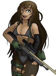 big_breasts bikini brown_hair brown_skin green_eyes gun long_hair metal_gear military_uniform nyaru rifle tearing_clothes virtual_youtuber