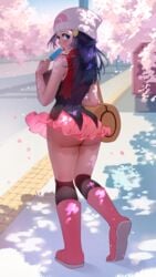 1girls ass big_ass big_butt blue_eyes blue_hair dawn_(pokemon) eye_contact game_freak ice_cream looking_at_viewer looking_back nintendo pokemon pokemon_bdsp pokemon_dppt popsicle skirt skirt_lift solo standing sumisumii thick_thighs thighs