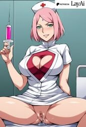 ai_generated forehead_mark green_eyes high_res hospital lab_coat layai_(artist) mature_female milf naruto naruto_(series) no_panties nurse nurse_uniform pink_hair pussy_juice sakura_haruno sitting_on_bed spread_legs uncensored