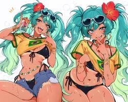 1girls belly belly_button big_breasts big_thighs black_bikini black_swimsuit blue_eyes blue_hair brazil brazilian brazilian_female brazilian_flag brazilian_miku breasts country cyan_eyes cyan_hair denim denim_bottomwear denim_shorts earrings eyewear eyewear_on_head female flag flag_print flower flower_in_hair front-tie_bikini front-tie_bikini_top front-tie_top hatsune_miku highleg highleg_panties highres huge_boobs huge_breasts huge_thighs latin_american_hatsune_miku_(meme) lifting_shirt long_hair panties panties_under_shorts pubic_hair pubic_hair_peek qiandaiyiyu ripped_shorts shirt_lift short_shorts shorts side-tie_bikini side-tie_bikini_bottom side-tie_panties simple_background slim slim_waist smile smiling smiling_at_viewer soda soda_can sunglasses sunglasses_on_head sweat sweatdrop sweating sweaty sweaty_body swimsuit swimsuit_under_clothes thick_thighs thighs tongue tongue_out tummy unbuttoned unbuttoned_bottomwear unbuttoned_shorts v v_sign vocaloid white_background wide_hipped_female wide_hips