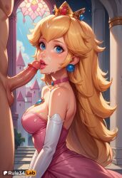 1boy 1boy1girl 1girls ai_generated artist_name balls bare_shoulders blonde_hair blue_eyes blush breasts choker cleavage clothed_female_nude_male crown cum cum_on_body cum_on_breasts cum_on_hair dress earrings elbow_gloves facial female from_side gloves hi_res indoors jewelry lips long_hair looking_at_viewer male mario_(series) medium_breasts mini_crown nintendo nude open_mouth parted_lips patreon_username penis pink_choker pink_dress princess_peach rule34lab solo_focus sphere_earrings stained_glass straight strapless super_mario_bros. testicles tongue uncensored white_gloves