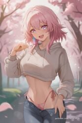 ai_generated alternate_costume blue_eyes blurry blurry_background blush breasts cherry_blossoms clothes_pull cowboy_shot crop_top cropped_hoodie cropped_sweater denim earrings falling_petals fanbox_username female gradient_eyes hair_between_eyes hand_up highleg highleg_panties hikari406 honkai_(series) hood hood_down hoodie jeans jewelry large_breasts linea_alba long_sleeves looking_at_viewer march_7th_(honkai:_star_rail) medium_hair midriff multicolored_eyes nail_polish navel open_fly open_mouth outdoors panties pants pants_pull panty_straps petals pink_eyes pink_hair pink_nails pink_panties side-tie_panties smile solo stomach string_panties teeth tree two-tone_eyes uncensored underboob underwear upper_teeth_only white_hoodie