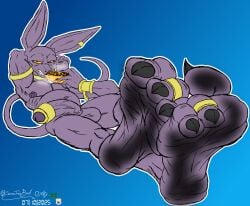 accessory anthro balls barefoot beerus belly big_belly cock_ring dirty dirty_feet domestic_cat dragon_ball dragon_ball_super eating feet felid feline felis food foot_fetish fur genitals hi_res hot_dog jewelry male mammal navel nipples nude outie_navel overweight overweight_male penis penis_accessory penis_jewelry potbelly purple_body purple_fur solo some-tree-bird vein veiny_penis yellow_sclera