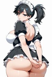 ai_generated alternative_costume apron arms_behind_back ass ass_focus asymmetrical_hair back back_bow bangs black_dress black_hair blue_eyes blush breasts clothing curvaceous dress enmaided female frilled_apron frilled_dress frills from_behind headdress headwear huge_ass kasumi_(pokemon) large_breasts legwear long_hair looking_at_viewer looking_back maid maid_apron maid_headdress median_furrow misty_(the_electric_tale_of_pikachu) nopan own_hands_together parted_lips pokemon pokemon_character ponytail puffy_short_sleeves puffy_sleeves short_dress short_sleeves shoulder_blades side_ponytail skindentation solo standing the_electric_tale_of_pikachu thick_thighs thighhighs thighs tied_hair uniform waist_apron white_apron white_legwear white_thighhighs wide_hips