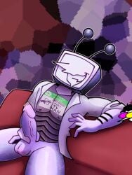 deltarune drooling holding_penis jerking jerkingoff long_nose male object_head open_clothes open_shirt penis precum robot spamton_g_spamton tagme tenna_(deltarune) tv_head