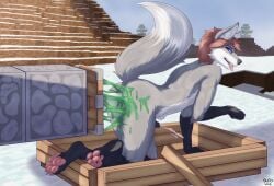 all_fours anal anal_sex animal_genitalia anthro black_penis bodily_fluids canid canine canine_genitalia cum digitigrade doggy_style ejaculation erection feet fluffy_void fox from_behind_position fucking_machine genital_fluids genitals hi_res looking_at_viewer machine male mammal minecraft_sheep_fucker minecraft_sheep_fucker_machine pawpads penetration penis piston sex snow solo tail tongue tongue_out