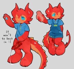anthro balls ballsack blue_eyes blush blush_lines blushing c00lkidd c00lkidd_(forsaken) cub cute embarrassed facial_crest forsaken_(roblox) holding_hands horns knot male male_cub male_only overalls paws penis penis_out precum precum_drip red_body red_fur red_penis roblox robloxian shirt_pull shirt_tug shy t-shirt tail tshirt tugging_clothing