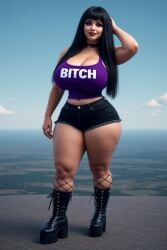 ai_generated black_boots black_hair black_jean_shorts black_lips broad_shoulders female fishnet_stockings giant_female gothic hallie_(thekid) high-angle_view microscopic_city perchance_ai purple_eyes purple_tank_top straight_bangs towering voluptuous