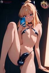 ai_generated balls bikini blonde_hair blue_eyes bra breasts bulge bulge_through_clothing cell cellphone choker erection erection_under_clothing femboy flat_chest high_resolution highres ilfb long_hair male male_only more_at_source one_leg_up original original_character otoko_no_ko panties ponytail precum ribbon selfie selfie_pose simple_background solo standing standing_on_one_leg sweat sweatdrop sweating sweaty sweaty_body sweaty_breasts testicles tied tied_hair trap yaoi