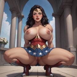 1girls 2d ai_generated arm_guards black_hair blue_eyes blue_skirt blue_sky blush boots breasts corset darkmage1880 dc dc_comics exposed_breasts exposed_pussy female female_only greek_architecture headband heel_boots heels high_heels horny large_breasts legwear light-skinned_female light_skin low-angle_view massive_breasts metal_boots muscular nipple_rings oiled_skin pussy red_boots red_corset red_legwear red_lips red_lipstick shiny_skin solo solo_female squatting squatting_female thick_thighs tiara topless vagina white_skin wonder_woman wonder_woman_(series) wonder_woman_outfit