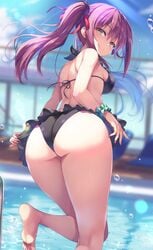 1girls amasawa_ichika ass bangs bare_shoulders barefoot bikini black_bikini black_swimsuit blue_sky blurry blurry_background blush bottom_heavy bow breasts classroom_of_the_elite closed_mouth clothing cloud dat_ass day demon eyebrows_visible_through_hair fat_ass feet female fingernails from_behind hair_ornament hairbow huge_ass large_ass large_breasts leg_up lips long_hair looking_at_viewer looking_back medium_breasts nail_polish official_art outdoors plump_ass pool presenting presenting_hindquarters purple_hair scrunchie seductive seductive_smile shiny shiny_hair shiny_skin sky smile solo sunlight swimsuit teasing thick_thighs thighs tied_hair toes tomose_shunsaku twintails water water_drop wrist_scrunchie yellow_eyes youkoso_jitsuryoku_shijou_shugi_no_kyoushitsu_e