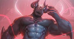 2025 2_horns abs anthro arm_spikes back_wings beard biceps black_markings black_sclera canid canid_demon canine chest_markings claws demon elbow_spikes facial_hair finger_claws fur glowing glowing_eyes grey_body grey_fur hair hellhound horn looking_at_viewer looking_down looking_down_at_viewer male mammal markings muscular muscular_anthro muscular_male mythological_canine mythological_creature mythology navel obliques open_mouth pecs red_eyes smile solo spikes spikes_(anatomy) takahirosi umbrafang_(takahirosi) wet wet_body wet_fur white_hair wings