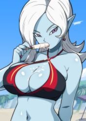1girls beach big_breasts bikini blue_skin breasts dragon_ball dragon_ball_xenoverse eighteenetzel female female_only large_breasts popsicle popsicle_in_mouth purple_eyes saliva sexually_suggestive suggestive swimsuit towa white_hair