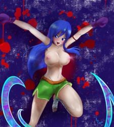 1girls bandage big_breasts blood blood_stain blue_eyes blue_hair boxer boxing_gloves dracula_man_(dragonball) dragon_ball fairy_tail female_only flatpancakes fortune_teller_baba happy jumping juvia_lockser large_breasts long_hair nipples open_mouth short_pants shorts smiling tape vampire