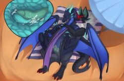 absurd_res animal_genitalia anthro bat black_body blue_body blue_claws blue_countershading blue_horn blue_inner_ear blue_membrane blue_sclera bodily_fluids claws cobalt_asriel countershading cum cum_in_slit cum_inside cum_on_penis dragon duo eye_roll eyebrows feet finger_claws folded_wings from_behind_position frottage_in_slit generation_6_pokemon genital_fluids genitals hi_res horn hybrid internal internal_slit lidded_eyes looking_at_another looking_at_partner lying male male/male membrane_(anatomy) membranous_wings multi_ear mythological_creature mythological_scalie mythology narrowed_eyebrows nintendo noivern on_back open_mouth penetration penile penile_penetration penis penis_in_slit pokemon pokemon_(species) purple_body purple_countershading purple_membrane red_claws scalie sex slit slit_penetration slit_play spiked_tail spikes spikes_(anatomy) staffkira2891 tail toe_claws toes wing_claws wings