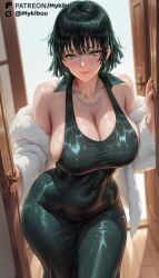 1girls ai_generated bare_shoulders bead_necklace beads black_dress black_hair blush breasts cleavage closed_mouth coat collarbone collared_dress covered_navel curvy door doorway dress female fubuki_(one-punch_man) fur_coat green_dress green_eyes green_hair indoors jacket jewelry large_breasts lips long_sleeves looking_at_viewer mykibuu narrow_waist necklace off_shoulder one-punch_man open_door patreon_username pearl_necklace pov_doorway short_hair sideboob skin_tight smile solo taut_clothes taut_dress thighs tight_clothes tight_dress web_address wet wet_clothes wet_dress wet_hair white_coat wide_hips