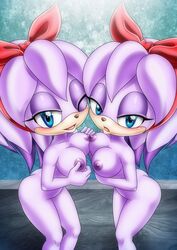 2girls ass blue_eyes breasts female multiple_girls nipples one_eye_closed open_mouth palcomix perci_the_bandicoot red_bow sonic_(series) staci_the_bandicoot