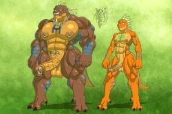 abs anthro balls big_penis blue_stripes brown_body brown_scales chain_necklace chest_tattoo claws crimsonmercury7192 digitigrade dinosaur dromaeosaurid duo erection facial_hair facial_piercing father_(lore) father_and_child_(lore) father_and_son_(lore) feather_hair feathers genital_piercing genitals glans goatee green_background hair hi_res huey_rockard hybrid incest_(lore) jewelry looking_at_viewer male male/male mohawk muscle_size_difference necklace nipple_piercing nipples nose_piercing nose_ring orange_body orange_scales parent_(lore) parent_and_child_(lore) parent_and_son_(lore) pecs penis penis_piercing piercing pinup piptin_rockard ponytail pose prehistoric_species prince_albert_piercing pseudo_hair reptile ring_piercing scales scalie simple_background size_difference son_(lore) standing stripes stubble tan_body tan_eyes tan_feathers tattoo theropod thick_penis thick_thighs twunk tyrannosaurid tyrannosauroid tyrannosaurus tyrannosaurus_rex velociraptor watermark