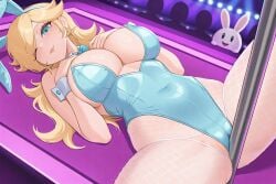 ai_generated big_breasts blue_eyes breasts bunny_costume bunny_ears bunny_girl bunnysuit dutch_angle female female_only hands_on_breasts hi_res jtveemo_(ai_style) large_breasts long_hair looking_at_viewer lying lying_on_back mario_(series) mesh nintendo one_eye_closed pole pole_between_ass princess_rosalina seaart.ai strip_club yellow_hair