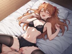 1boy 1girls ai_generated asuka_langley_sohryu bed bedroom blush blushing choker cleavage female happy happy_sex lingerie lingerie_only long_hair male missionary_position navel open_mouth penis pussy school_swimsuit sex uncensored vaginal_penetration
