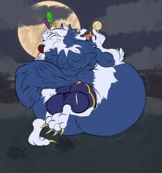 anthro balls balls_bulge belly big_balls big_belly blue_body blue_fur bottomwear canid canine canis capcom cheddarcheesebiscuits clothing darkstalkers dessert eating food fur genitals hi_res huge_balls huge_belly hyper hyper_balls hyper_belly hyper_genitalia ice_cream jon_talbain male mammal moon morbidly_obese morbidly_obese_male musclegut muscular mythological_canine mythological_creature mythology night obese obese_male overweight overweight_male rear_view shorts solo tail tongue tongue_out weight_gain werecanid werecanine werecreature werewolf white_body white_fur wolf