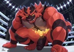 anthro balls biceps black_penis felid fighting_ring generation_7_pokemon genitals hi_res incineroar male mammal muscular muscular_anthro muscular_male nintendo penis pokemon pokemon_(species) radcanine red_body solo tail vein veiny_penis