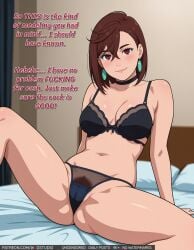 ai_generated arm_support ayase_momo bangs bare_shoulders bed black_bra black_choker black_clothes black_panties black_underwear blush bra breasts brown_hair cameltoe choker clavicle cleavage closed_mouth clothing dandadan earrings english_language english_text female female female_only female_pubic_hair hair_between_eyes high_resolution indoors jewelry lace large_breasts lingerie lips looking_at_viewer medium_breasts navel on_bed pantsu pillow pubic_hair pubic_hair_peek red_eyes see-through short_hair sitting smile solo spread_legs stomach text thighs underwear underwear_only wodstudio