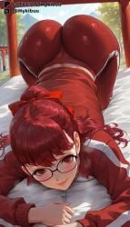 1girls ai_generated ass ass_focus atlus black-framed_eyewear blush closed_mouth female glasses hair_ribbon jacket lips long_hair long_sleeves looking_at_viewer mykibuu outdoors pants patreon_username persona persona_5 persona_5_royal pink_lips ponytail red_eyes red_hair red_jacket red_pants ribbon smile solo sumire_yoshizawa top-down_bottom-up torii track_jacket track_suit tree yoshizawa_kasumi zipper zipper_pull_tab