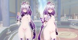 barcode blush breasts castorice_(honkai:_star_rail) corruption elbow_gloves female gloves honkai:_star_rail long_hair looking_at_viewer multiple_girls navel nipples nude pointy_ears pregnant pubic_tattoo purple_eyes small_breasts tattoo thighhighs tiara