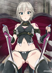 anastasia_(idolmaster) bandaged_arms bandages bare_shoulders black_panties blue_eyes breasts cape cleavage cosplay daggers dual_wielding eyebrows eyebrows_visible_through_hair eyelashes eyelashes_visible_through_hair fate/apocrypha fate_(series) female female_only fingerless_glove glove hair_between_eyes idolmaster idolmaster_cinderella_girls inoshira jack_the_ripper_(fate/apocrypha) looking_at_viewer open_mouth panties reverse_grip scar scar_across_eye scar_on_cheek scar_on_face short_hair silver_hair thighhighs weapons