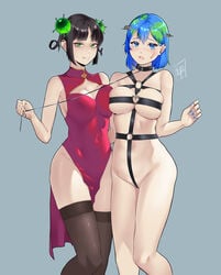 2girls black_hair blue_background blue_eyes blue_hair bondage china_dress cleavage corona_chan coronavirus covid-19_pandemic damodar domination dress earth-chan female female_only green_eyes green_hair humanized large_breasts leash light-skinned_female light_skin nervous original red_dress short_hair standing two_tone_hair yuri