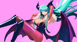 bat_wings cleavage clothing darkstalkers green_hair large_breasts morrigan_aensland nem pink_background pinup succubus tight_clothing wink