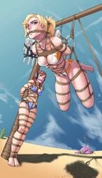 2018 2girls arms_behind_back barefoot bikini bit_gag blizzard_entertainment blonde_hair bondage bound breasts cleavage d.va defeated defeated_heroine desert female femsub full_body gag gagged humiliation kidnapped medium_breasts mercy multiple_girls multiple_subs outdoors overwatch root001 rope suspension tied_up