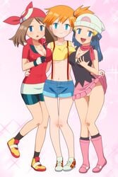 3girls alternate_breast_size assisted_exposure bandana blue_hair boots bottomless_skirt breast_press breasts brown_hair cleavage da_hypocrat dawn_(pokemon) edit empty_eyes exposed_pussy expressionless female female_only femsub groping hairless_pussy happy_trance hat human hypnosis jean_shorts kasumi_(pokemon) kurumierika large_breasts long_hair may_(pokemon) may_(pokemon_rs) multiple_girls nintendo no_panties no_panties_under_skirt open_mouth orange_hair pokemon pokemon_dppt pokemon_rgby pokemon_rse pussy pussy_peek red_bandana red_hair seductive_smile self_fondle short_hair short_orange_hair skin_tone_difference skirt skirt_lift suspenders symmetrical_docking third-party_edit underboob yuri