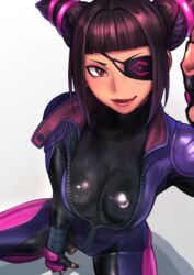 1girls black_toenails bodysuit cleavage eye_patch juri_han kilye_4421 latex lips looking_at_viewer medium_breasts shiny solo squatting street_fighter street_fighter_v white_background